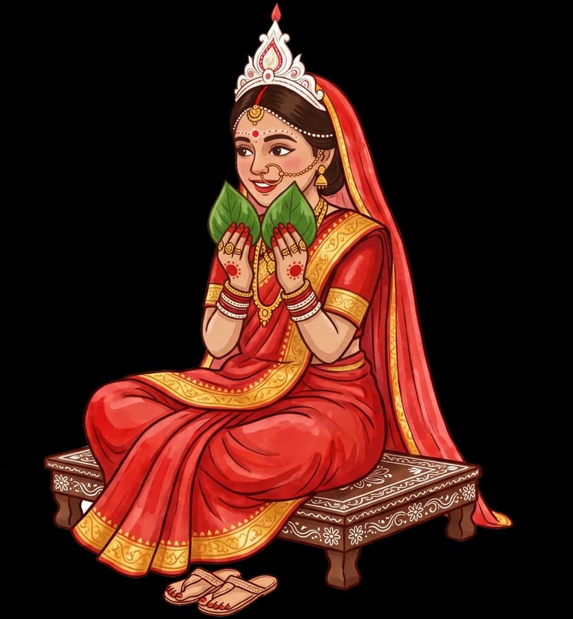 Sumona on the piri, paan leaves lowered, looking at Anik