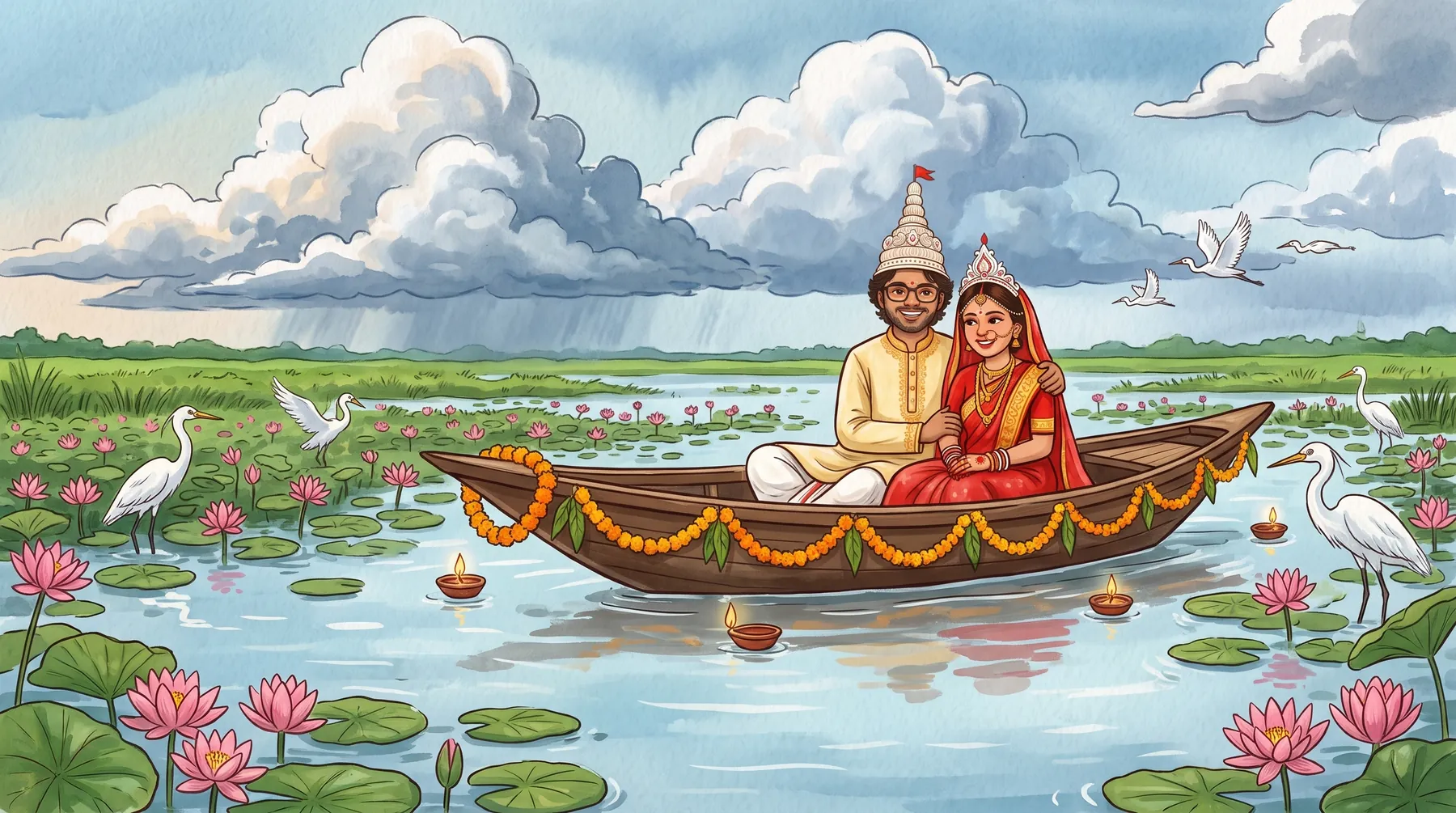 Sumona and Anik in a garlanded boat on a haor full of water lilies