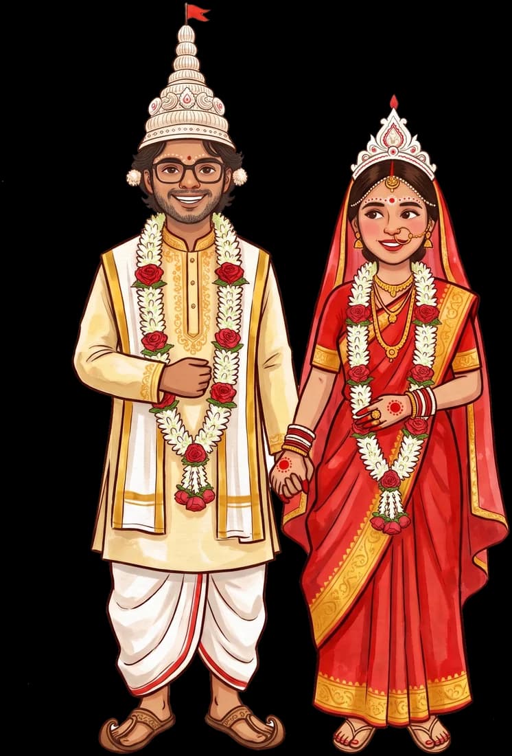 Illustration of Anik in a topor and Sumona in a red Benarasi saree, holding hands
