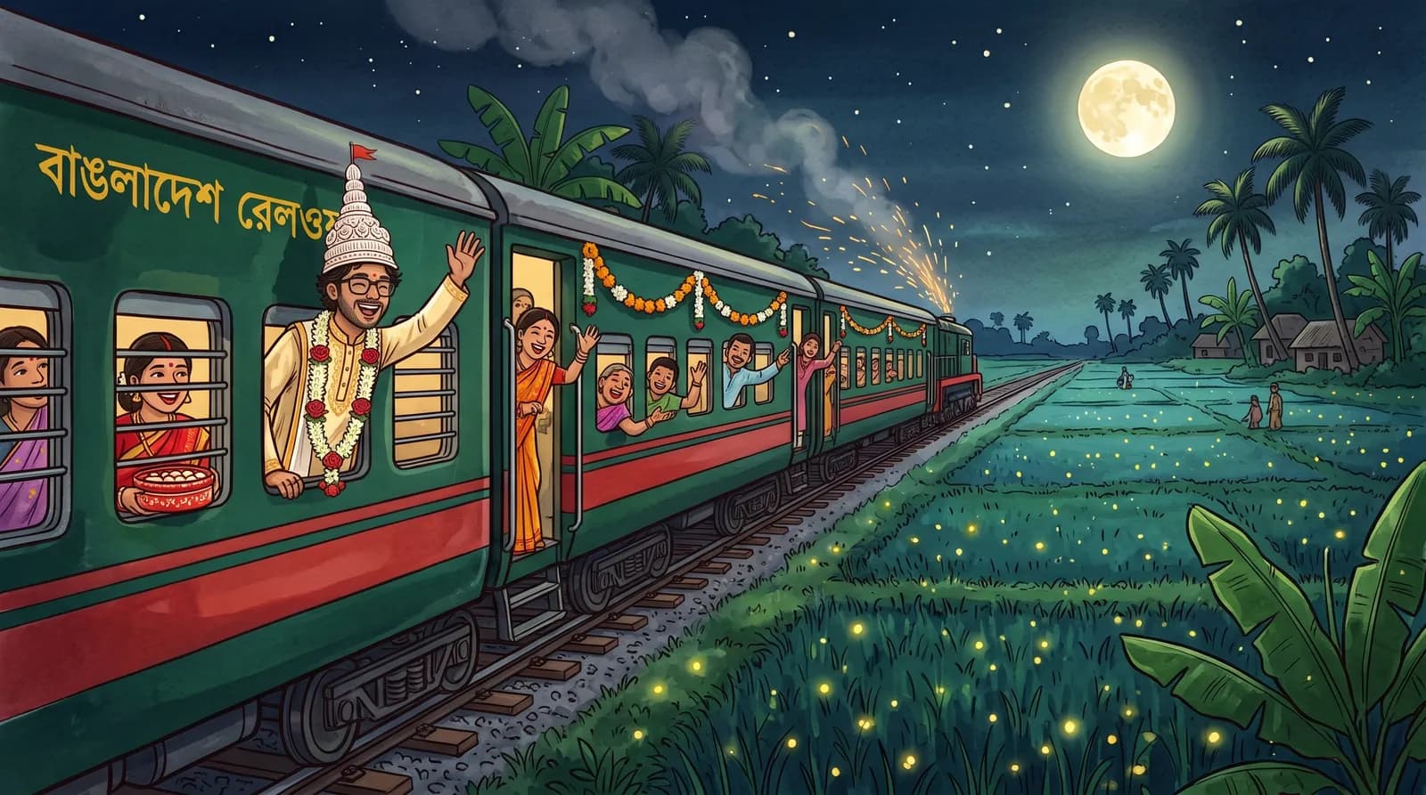 Anik waving from the window of a green train at night, crossing paddy fields under a full moon